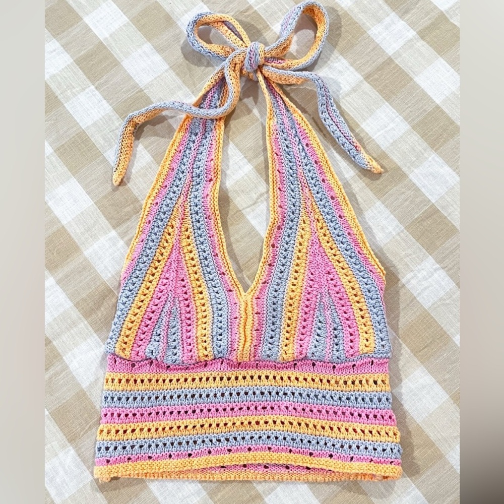Hollister Rainbow Crochet Knit Halter Crop Top